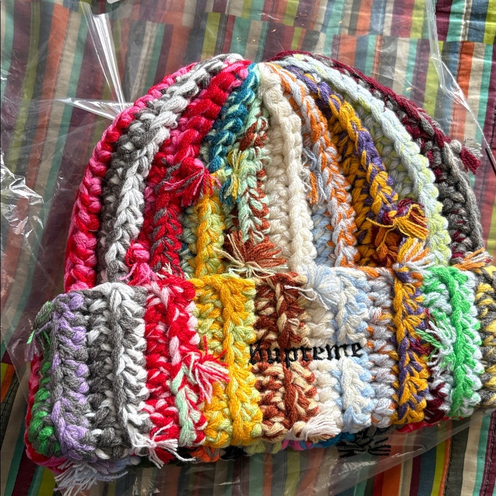 Supreme hand, tied Colorful Multicolor Crochet Knit Beanie nwt